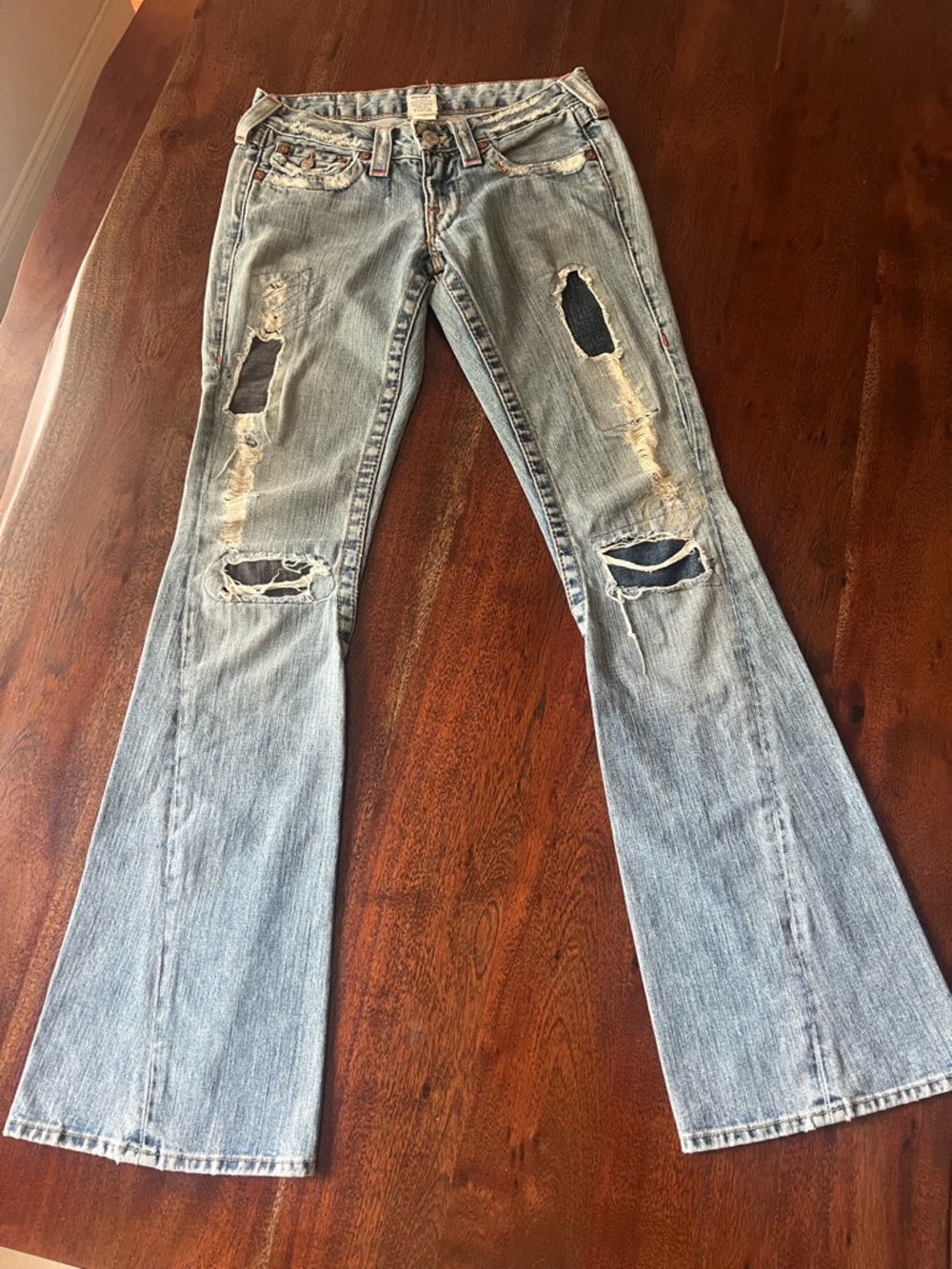 Vintage True Religion low ride Light Blue Distressed Women's Flared Jeans